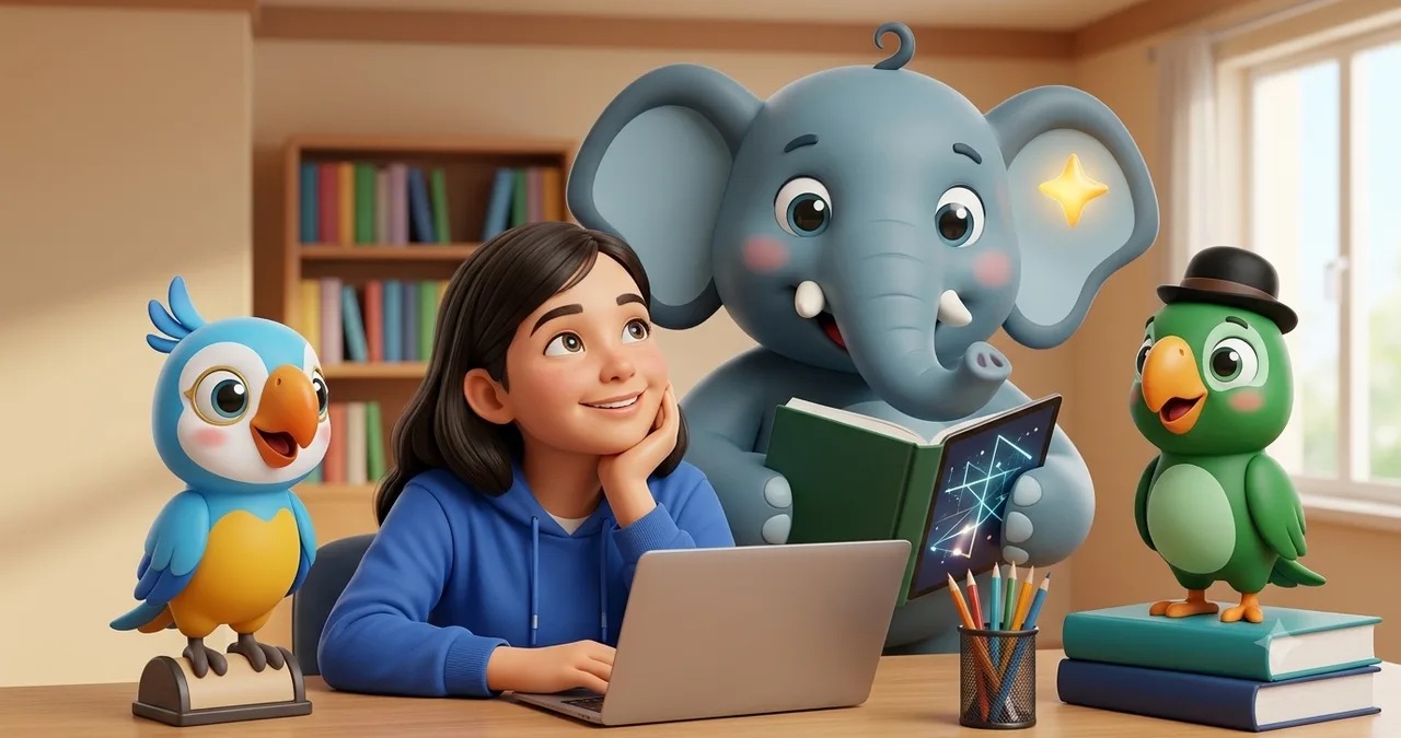 A student at a laptop with Echo, Tusker and Mr. Sage